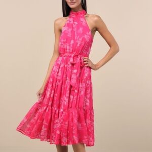 Lulus Float To You Hot Pink Floral Print Halter-neck Tiered Midi Dress - Size XS